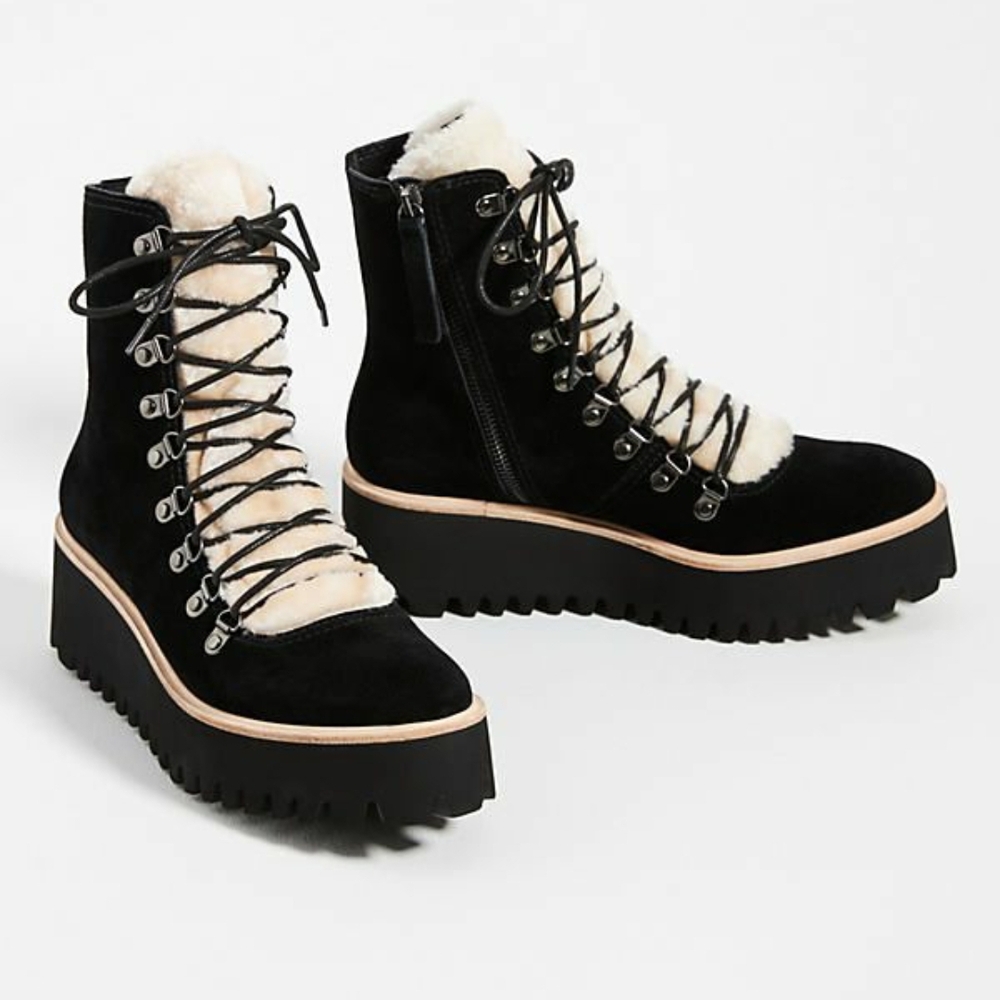 All Black Suede With Sherpa Women's 8.5 Lace-Up Boots NWOT